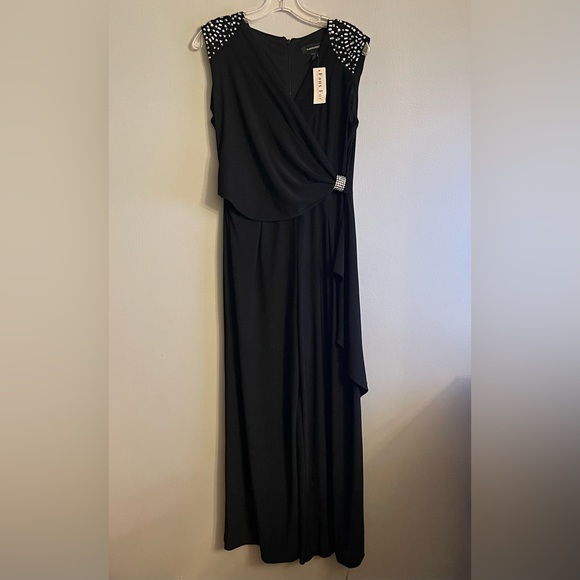 R & M Richards women NWT black jumpsuit with criss cross top & jewel accents - Picture 1 of 10